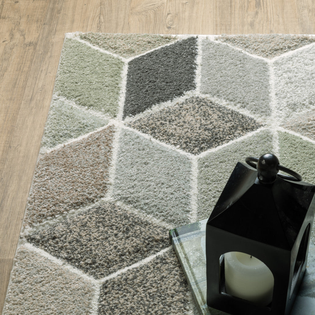 10' X 13' Beige Brown Grey Tan Sage And Pale Blue Geometric Power Loom Stain Resistant Area Rug - Home & Garden