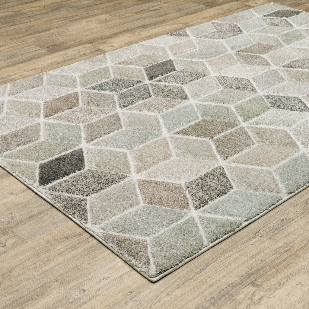 10' X 13' Beige Brown Grey Tan Sage And Pale Blue Geometric Power Loom Stain Resistant Area Rug - Home & Garden