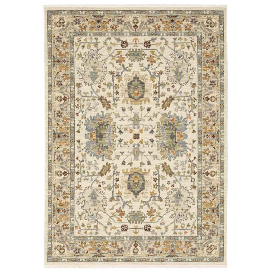 10' X 13' Ivory Oriental Power Loom Stain Resistant Area Rug With Fringe