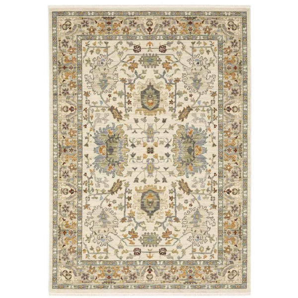 10' X 13' Ivory Oriental Power Loom Stain Resistant Area Rug With Fringe