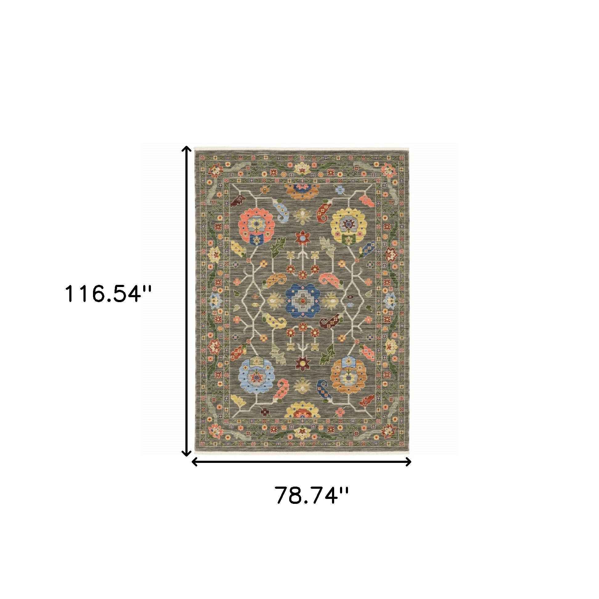 6' X 9' Grey Blue Pink Orange Rust Red Green And Ivory Oriental Power Loom Stain Resistant Area Rug With Fringe