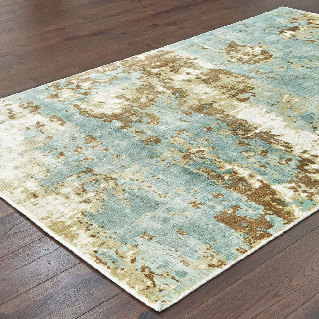 10' X 14' Blue And Brown Abstract Hand Loomed Stain Resistant Area Rug - Home & Garden