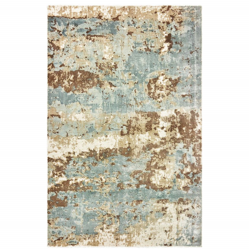 10' X 14' Blue And Brown Abstract Hand Loomed Stain Resistant Area Rug - Home & Garden