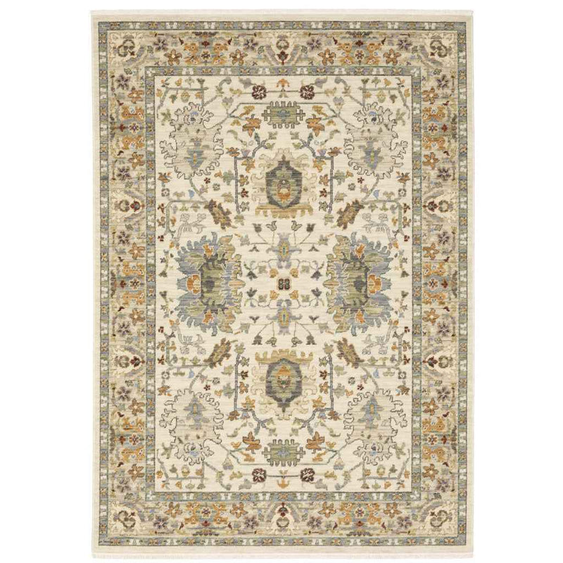 8' X 11' Ivory Oriental Power Loom Stain Resistant Area Rug With Fringe
