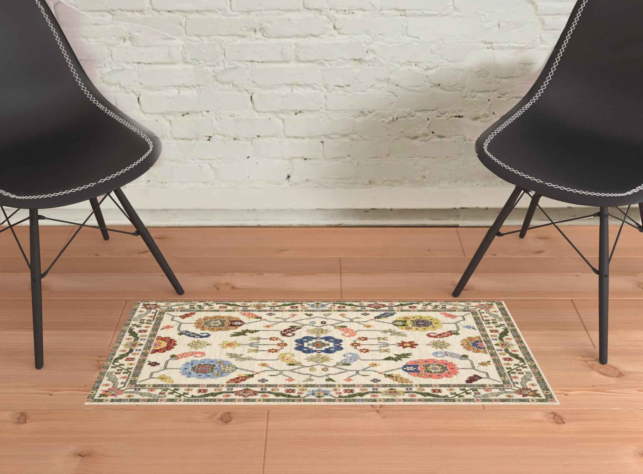 2' X 3' Ivory Green Blues Pink Yellow Rust Brown Tan And Grey Oriental Power Loom Stain Resistant Area Rug With Fringe