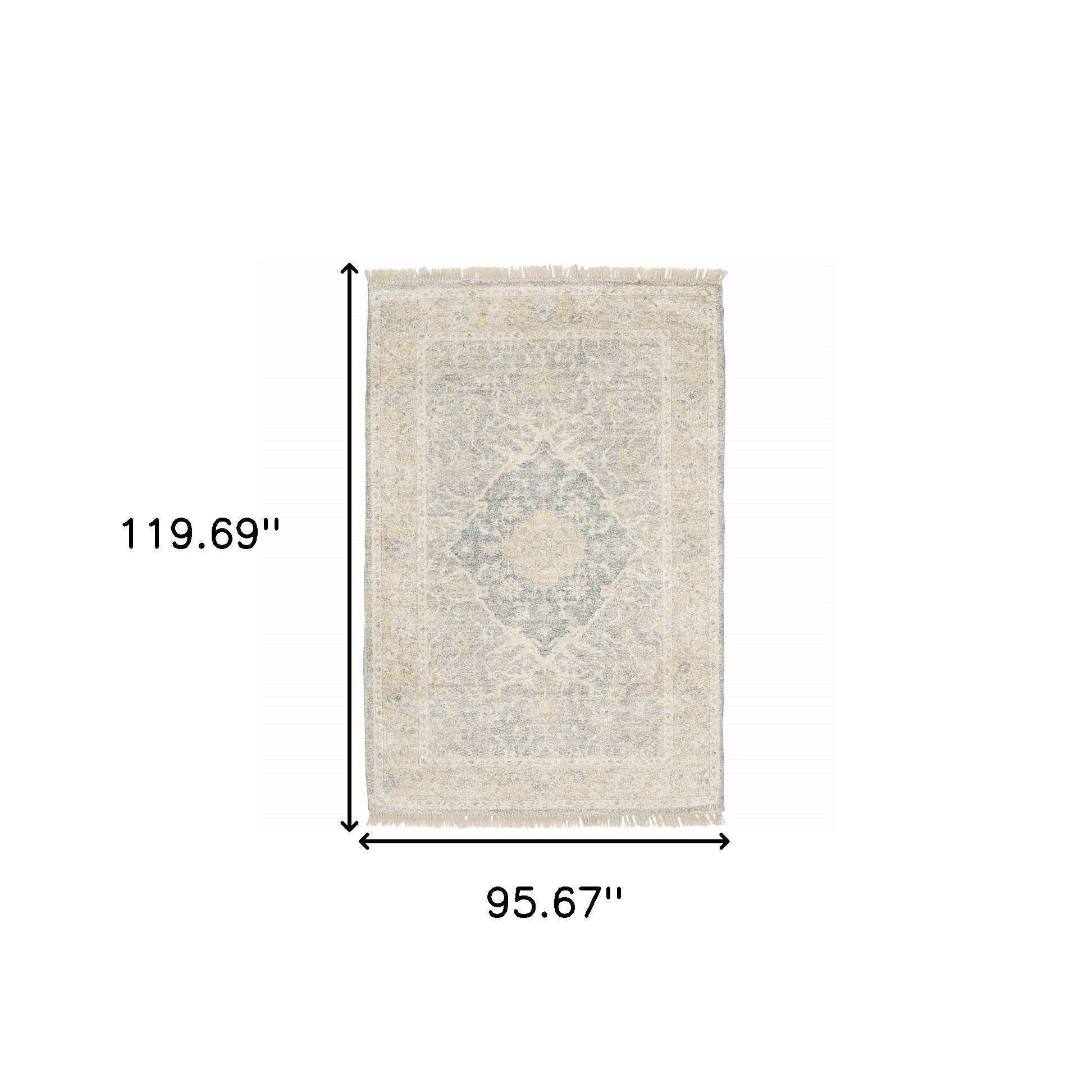 8' X 10' Grey And Beige Oriental Hand Loomed Stain Resistant Area Rug With Fringe