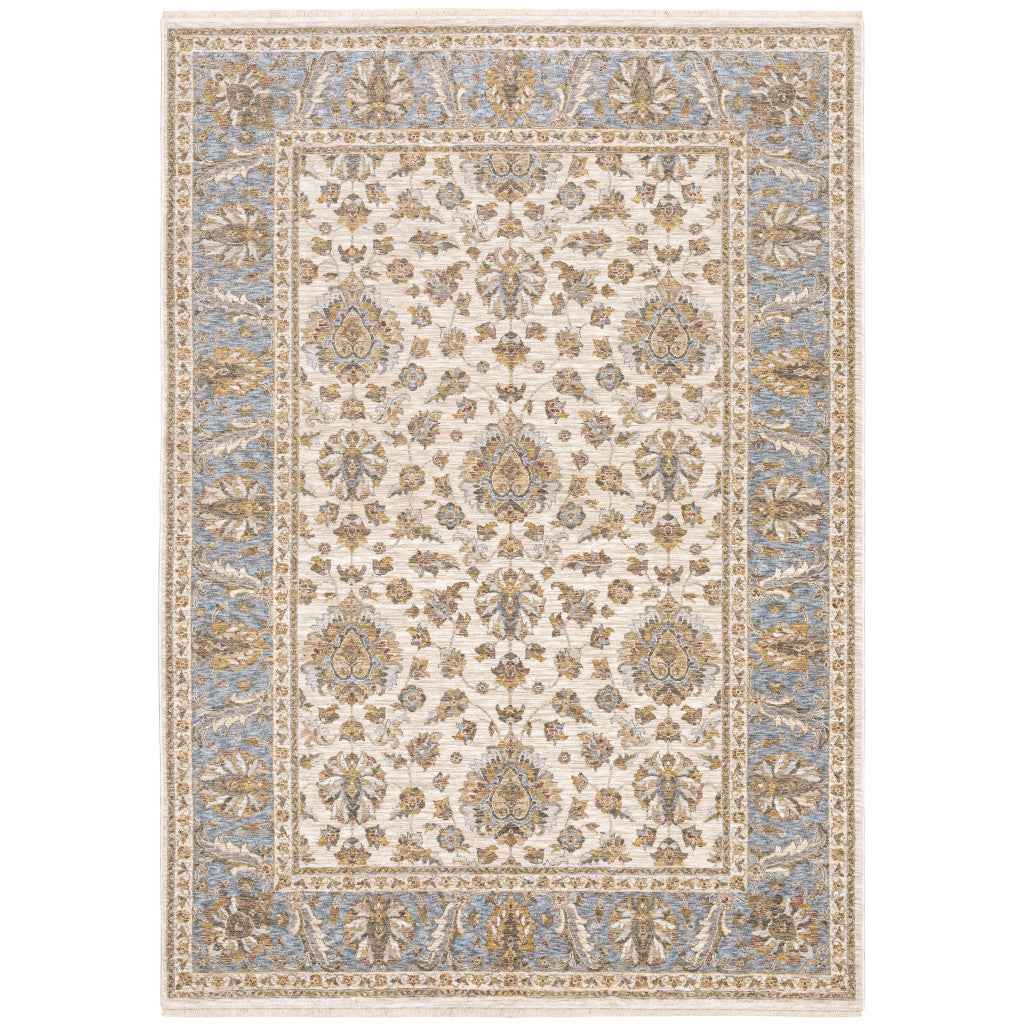 10' X 13' Ivory And Blue Oriental Power Loom Stain Resistant Area Rug With Fringe