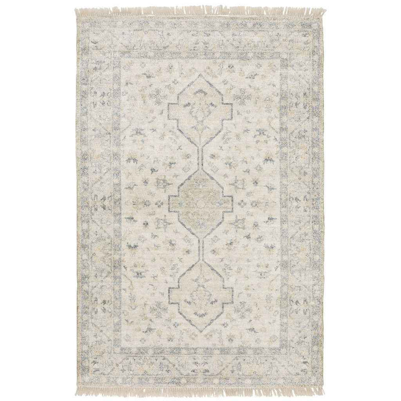 8' X 10' Beige And Charcoal Oriental Hand Loomed Stain Resistant Area Rug With Fringe