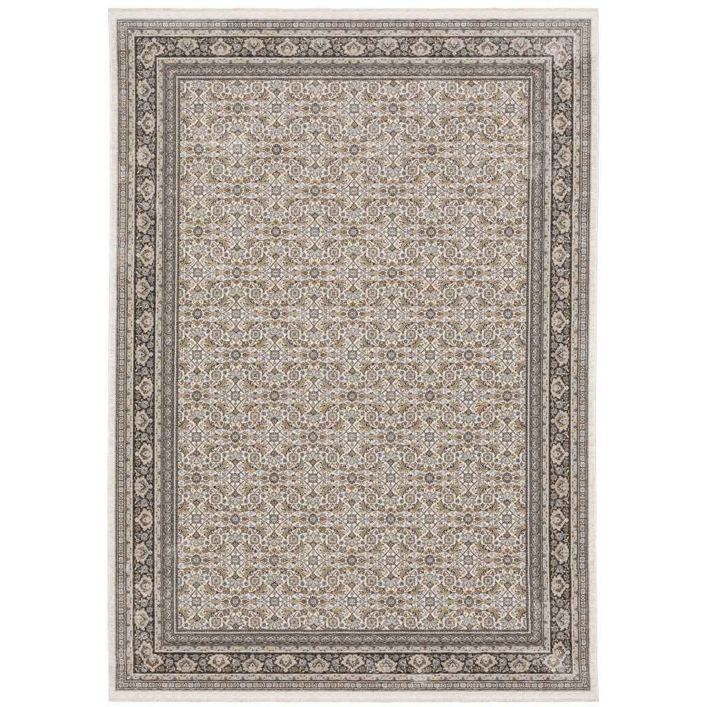 8' X 11' Ivory And Grey Oriental Power Loom Stain Resistant Area Rug With Fringe