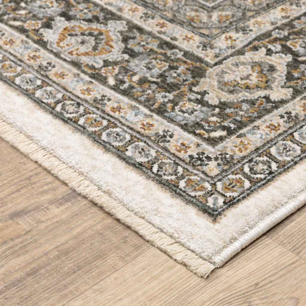 8' X 11' Ivory And Grey Oriental Power Loom Stain Resistant Area Rug With Fringe