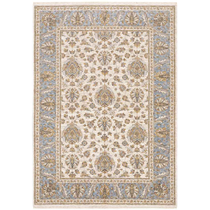 5' X 8' Ivory And Blue Oriental Power Loom Stain Resistant Area Rug With Fringe