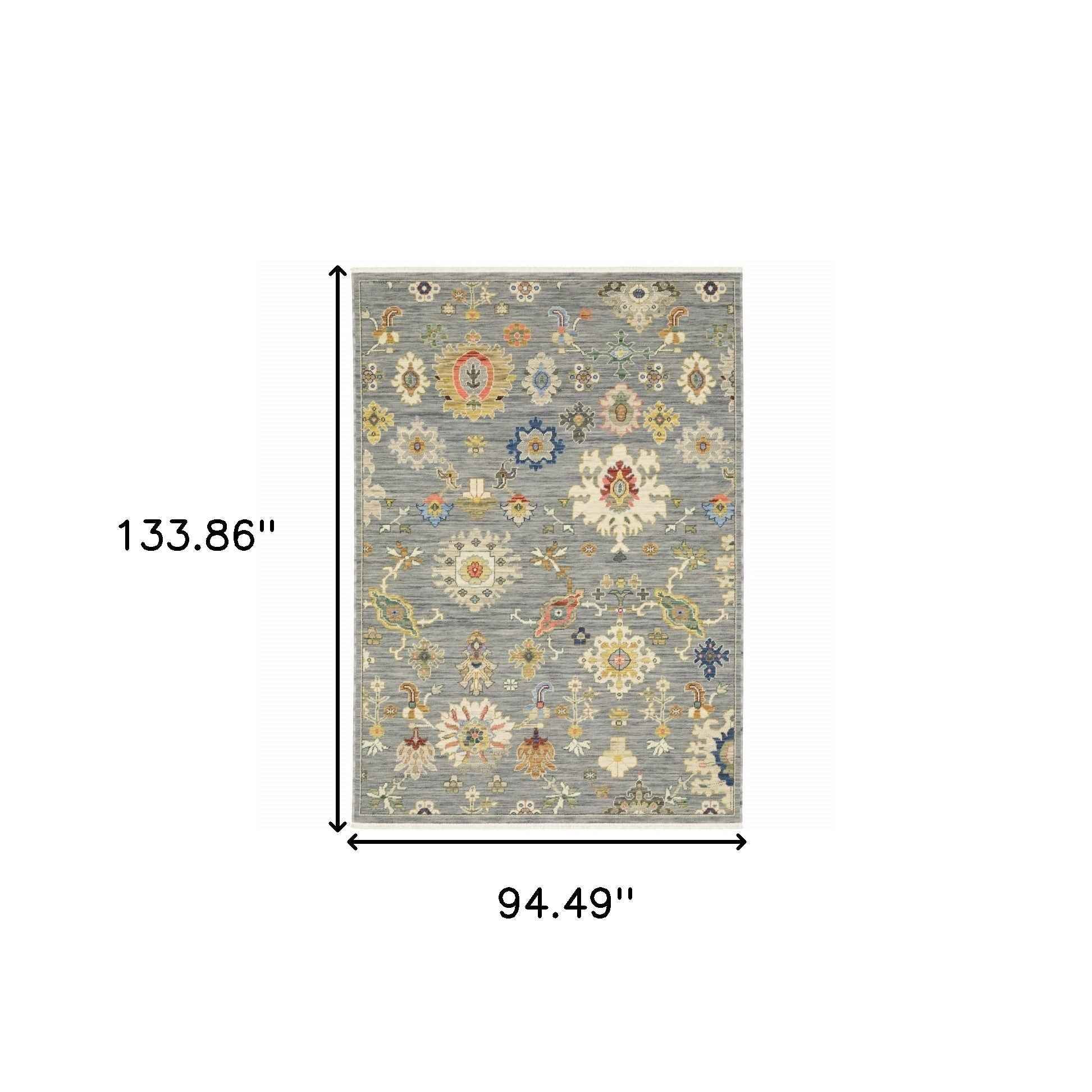8' X 11' Grey Ivory Gold Salmon Red Blue And Green Oriental Power Loom Stain Resistant Area Rug With Fringe