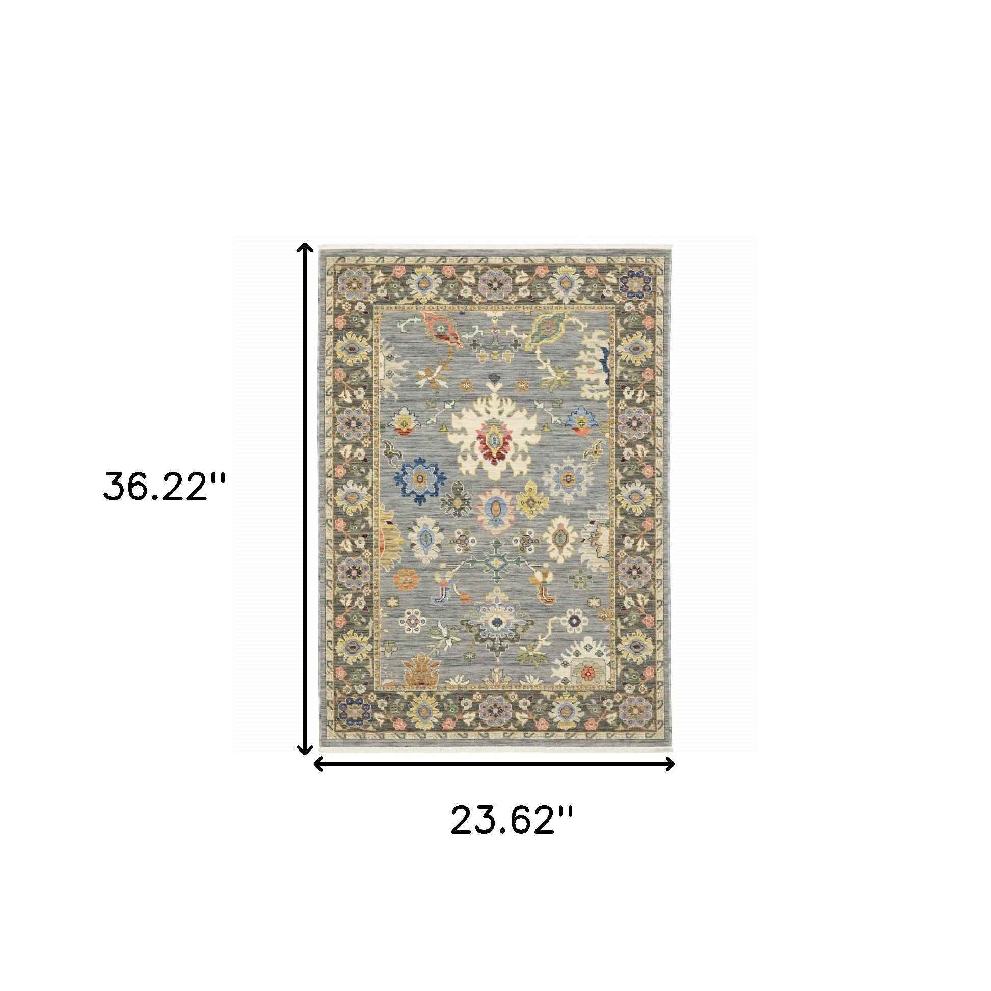 2' X 3' Blue Grey Gold Green Pink Orange Ivory And Red Oriental Power Loom Stain Resistant Area Rug With Fringe