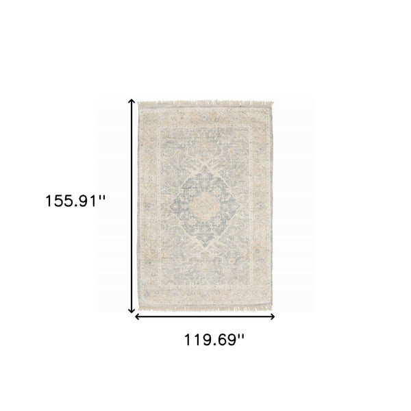 10' X 13' Grey And Beige Oriental Hand Loomed Stain Resistant Area Rug With Fringe