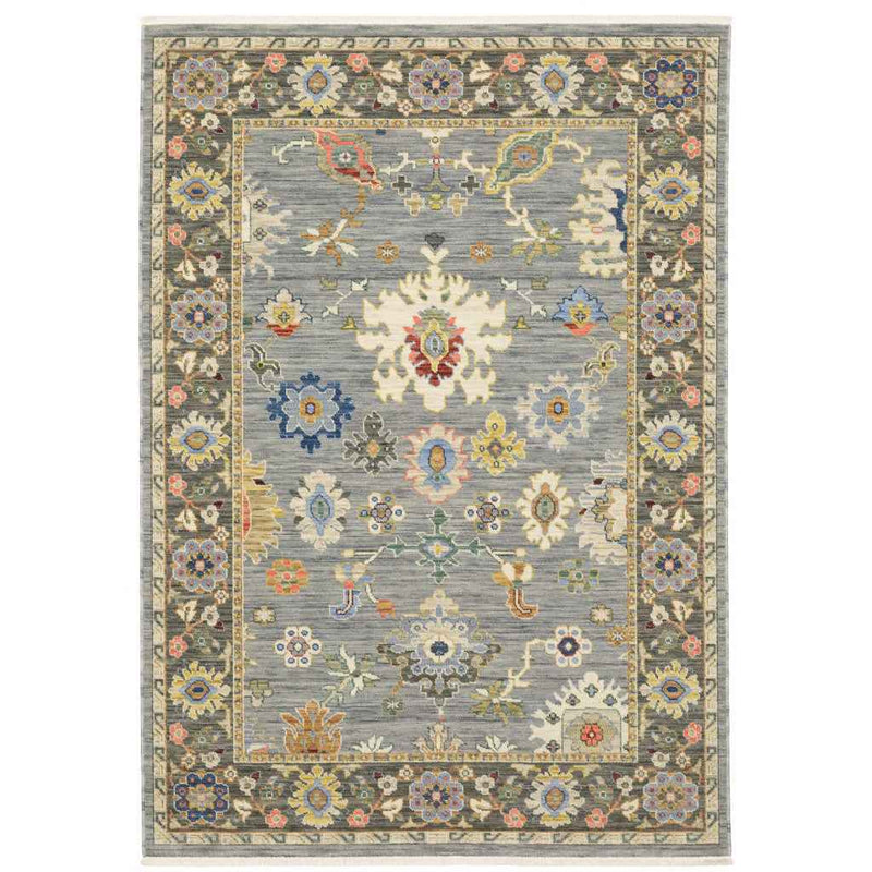 5' X 8' Blue Grey Gold Green Pink Orange Ivory And Red Oriental Power Loom Stain Resistant Area Rug With Fringe
