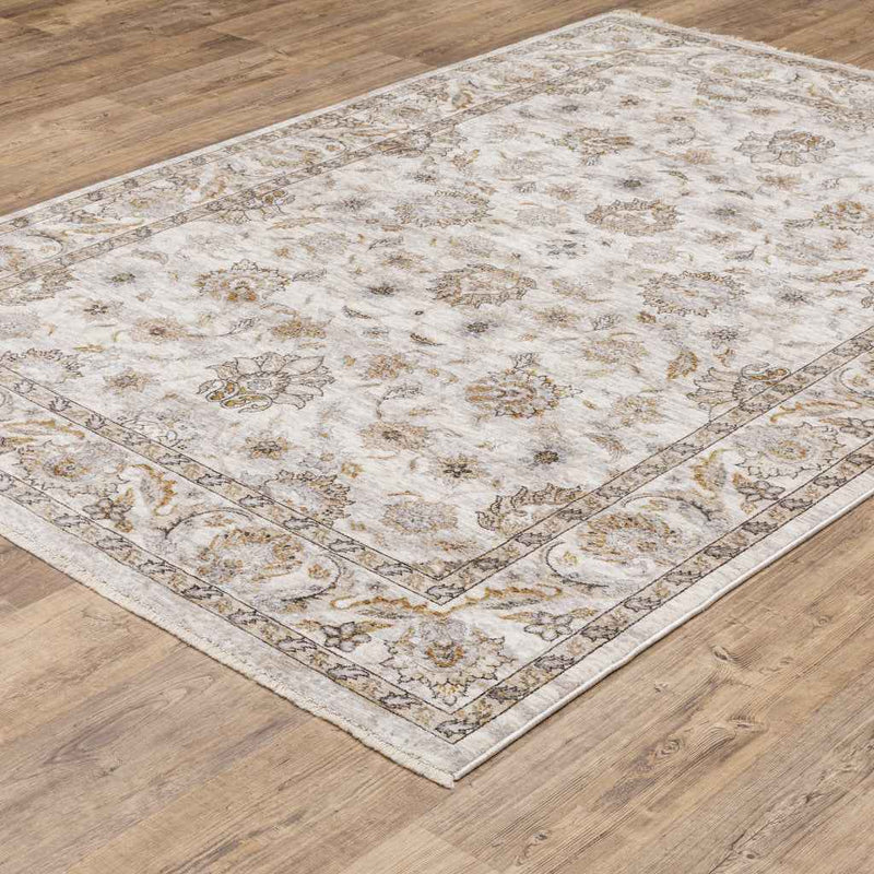 5' X 8' Ivory And Grey Oriental Power Loom Stain Resistant Area Rug With Fringe
