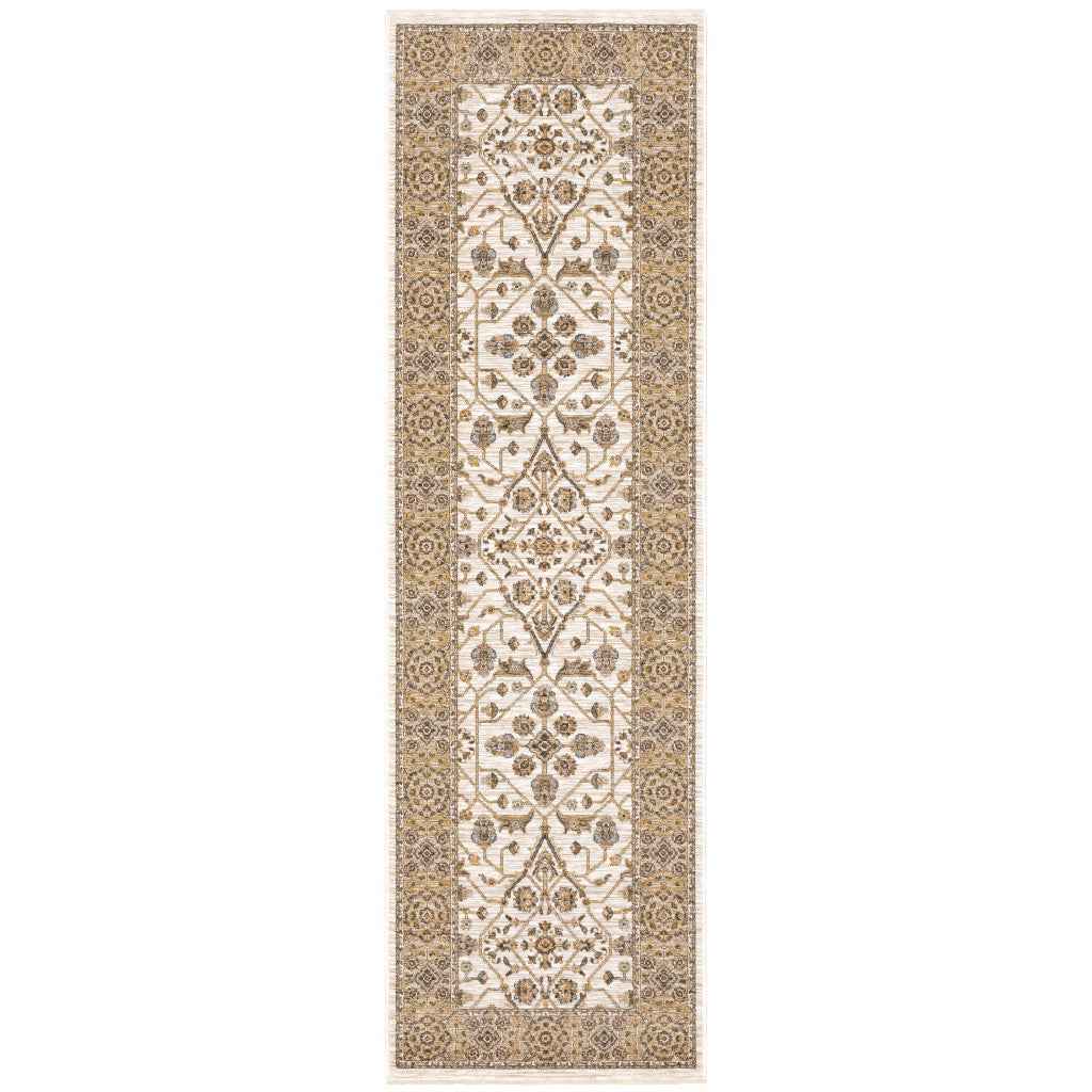 2' X 8' Ivory And Gold Oriental Power Loom Stain Resistant Runner Rug With Fringe