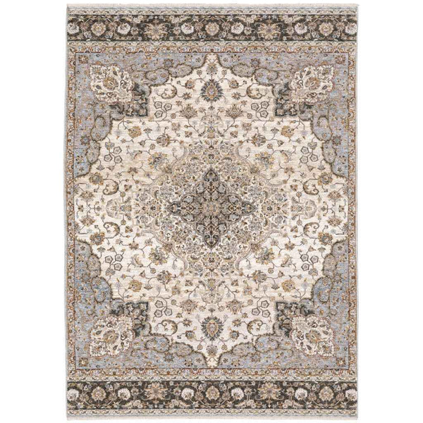 6' X 9' Ivory And Blue Oriental Power Loom Stain Resistant Area Rug With Fringe