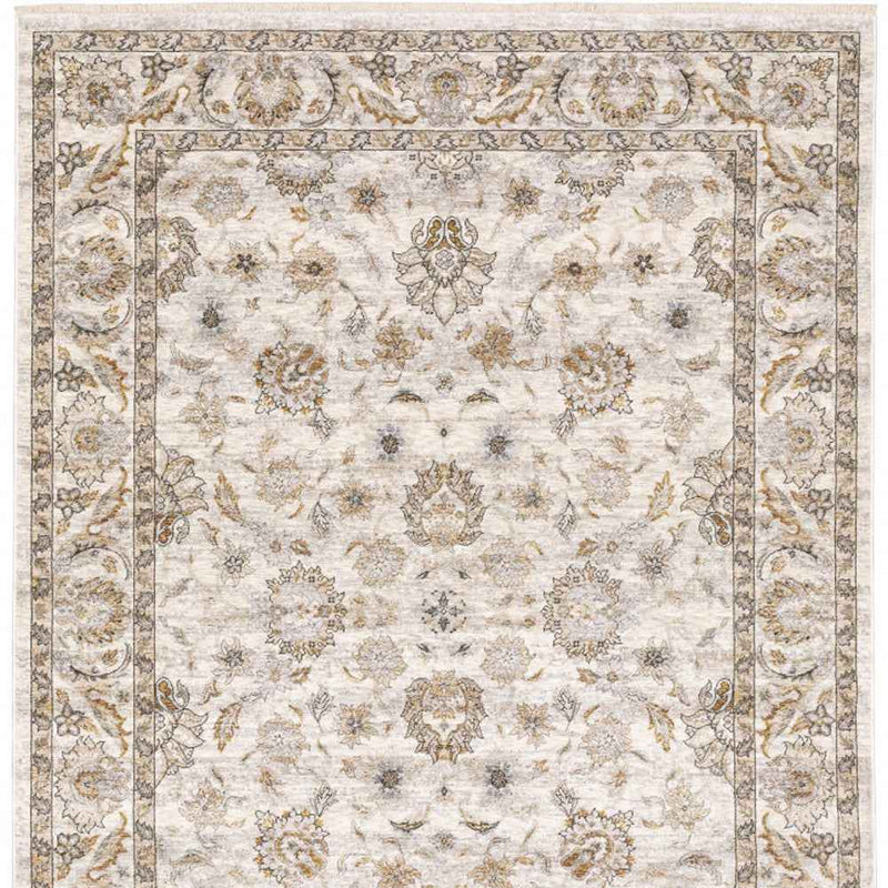 3' X 5' Ivory And Grey Oriental Power Loom Stain Resistant Area Rug With Fringe