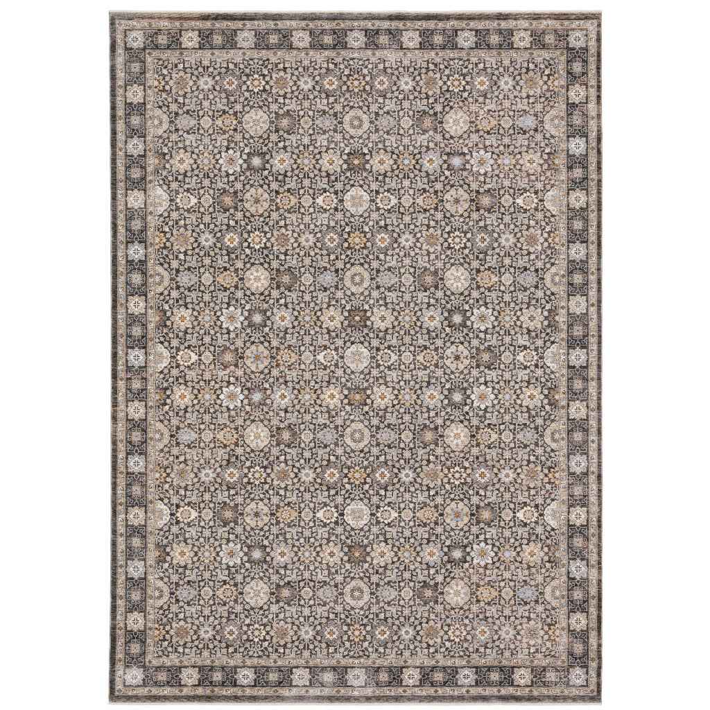 8' X 11' Grey And Ivory Oriental Power Loom Stain Resistant Area Rug With Fringe