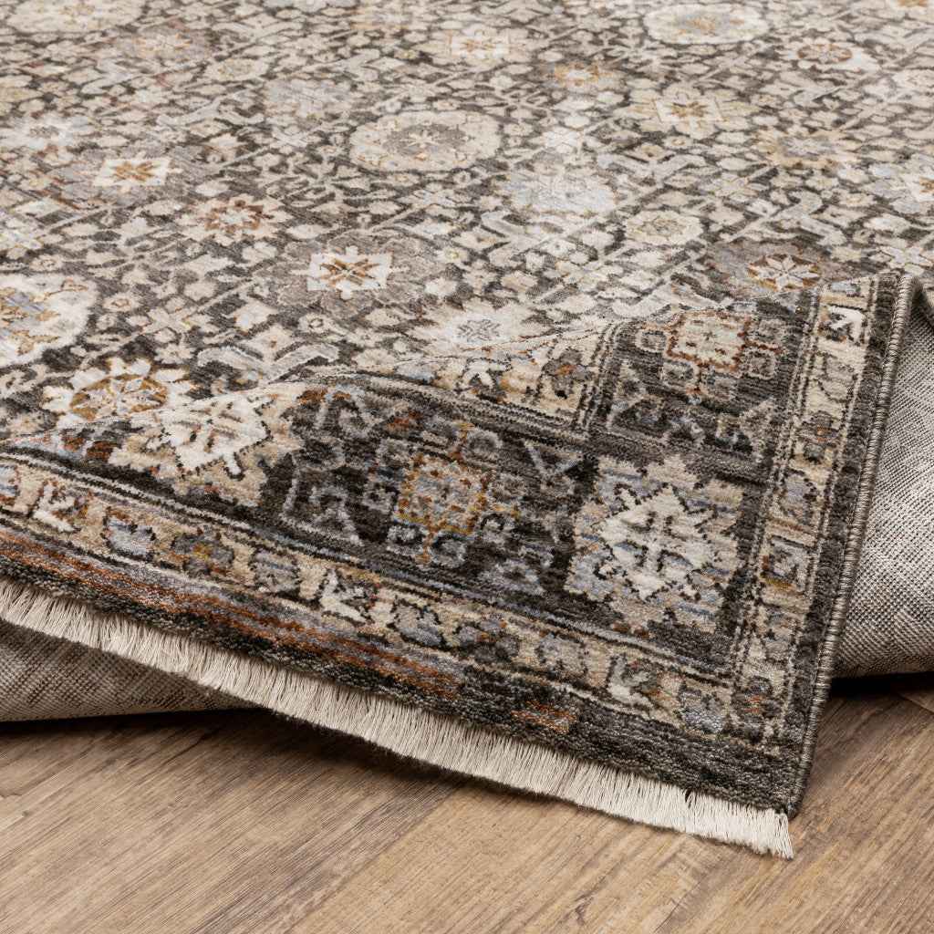 8' X 11' Grey And Ivory Oriental Power Loom Stain Resistant Area Rug With Fringe