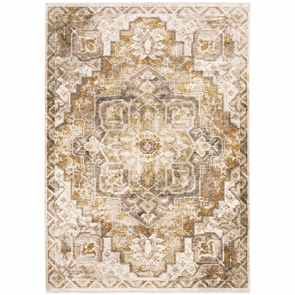 2' X 3' Gold And Brown Oriental Distressed Area Rug With Fringe - Home & Garden
