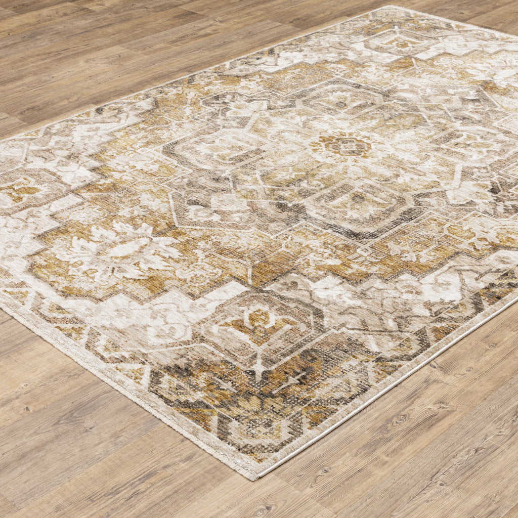 2' X 3' Gold And Brown Oriental Distressed Area Rug With Fringe - Home & Garden