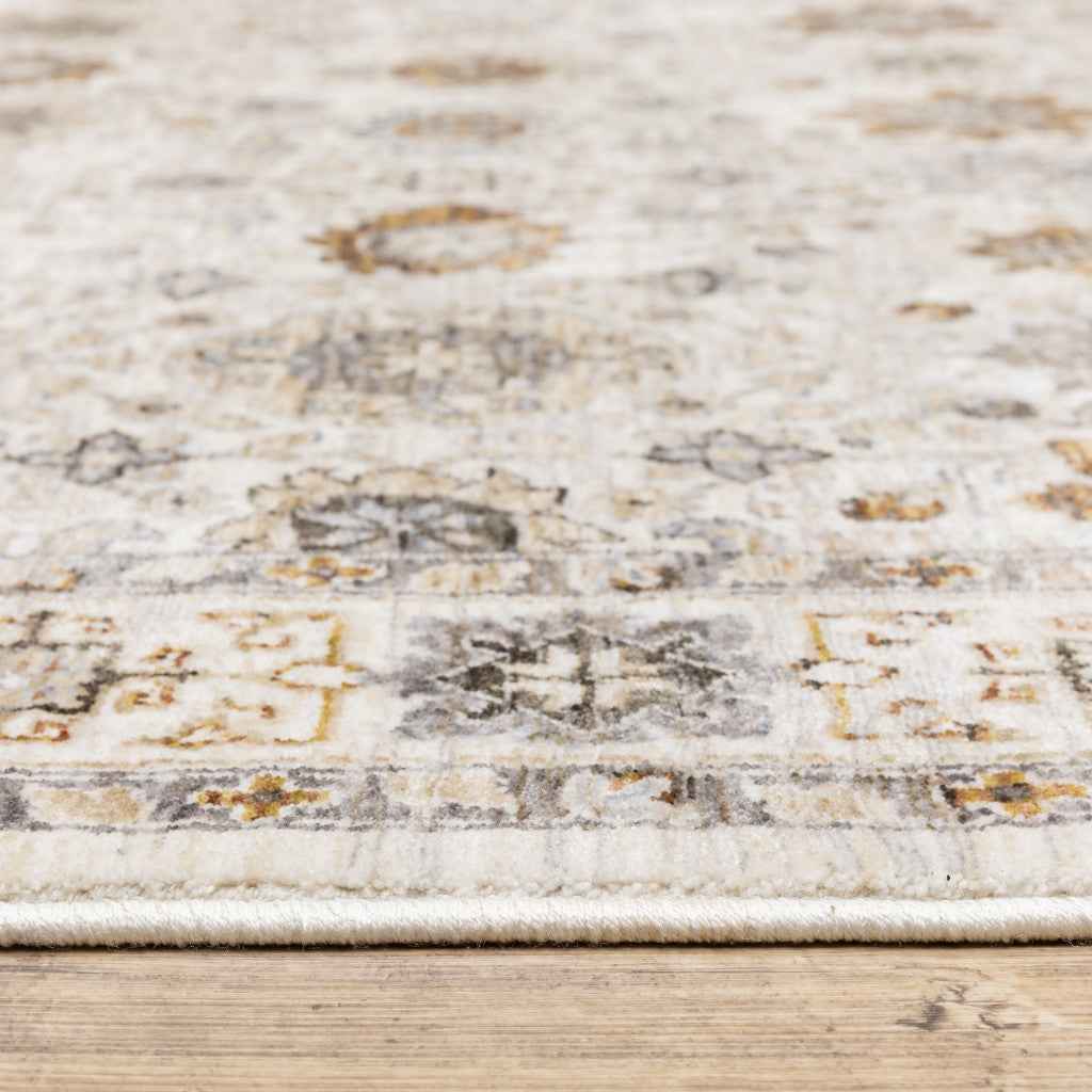 2' X 8' Ivory And Gold Oriental Power Loom Stain Resistant Runner Rug With Fringe