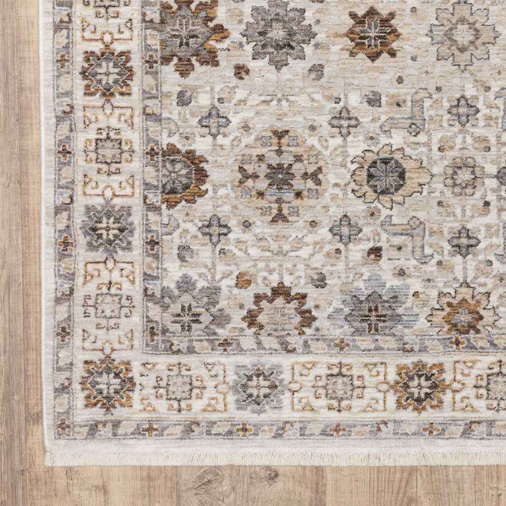 2' X 8' Ivory And Gold Oriental Power Loom Stain Resistant Runner Rug With Fringe