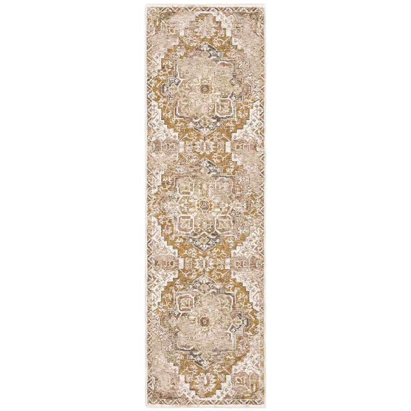 2' X 8' Gold And Ivory Oriental Power Loom Stain Resistant Runner Rug With Fringe