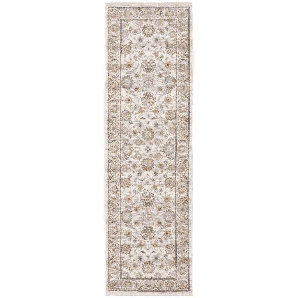 2' X 8' Ivory And Grey Oriental Power Loom Stain Resistant Runner Rug With Fringe