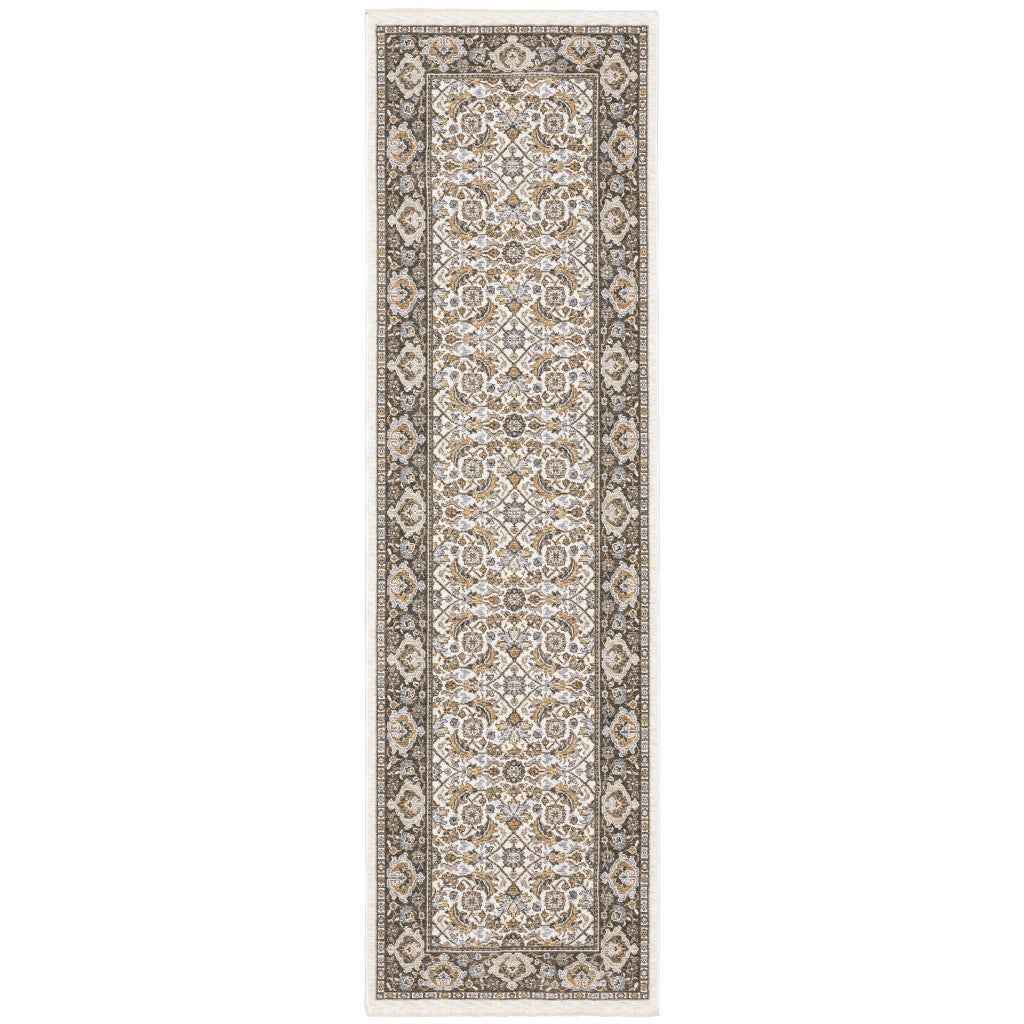 2' X 8' Ivory And Grey Oriental Power Loom Stain Resistant Runner Rug With Fringe