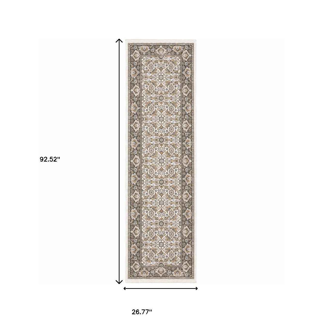 2' X 8' Ivory And Grey Oriental Power Loom Stain Resistant Runner Rug With Fringe