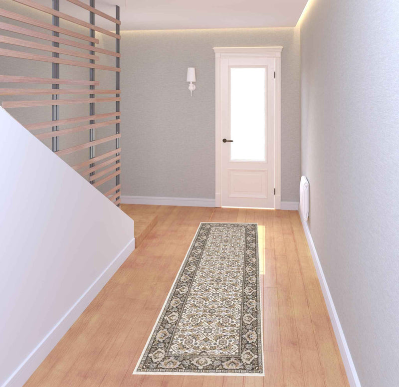 2' X 8' Ivory And Grey Oriental Power Loom Stain Resistant Runner Rug With Fringe