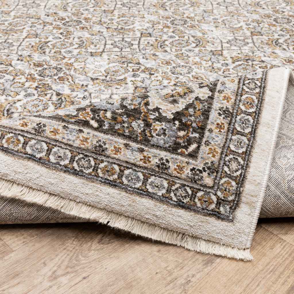 2' X 8' Ivory And Grey Oriental Power Loom Stain Resistant Runner Rug With Fringe