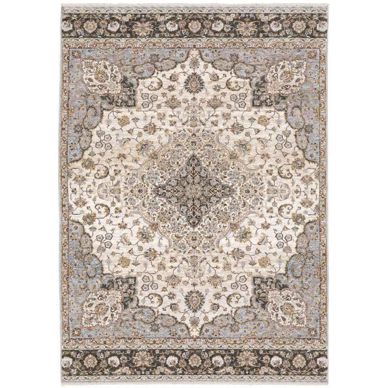 3' X 5' Ivory And Blue Oriental Power Loom Stain Resistant Area Rug With Fringe