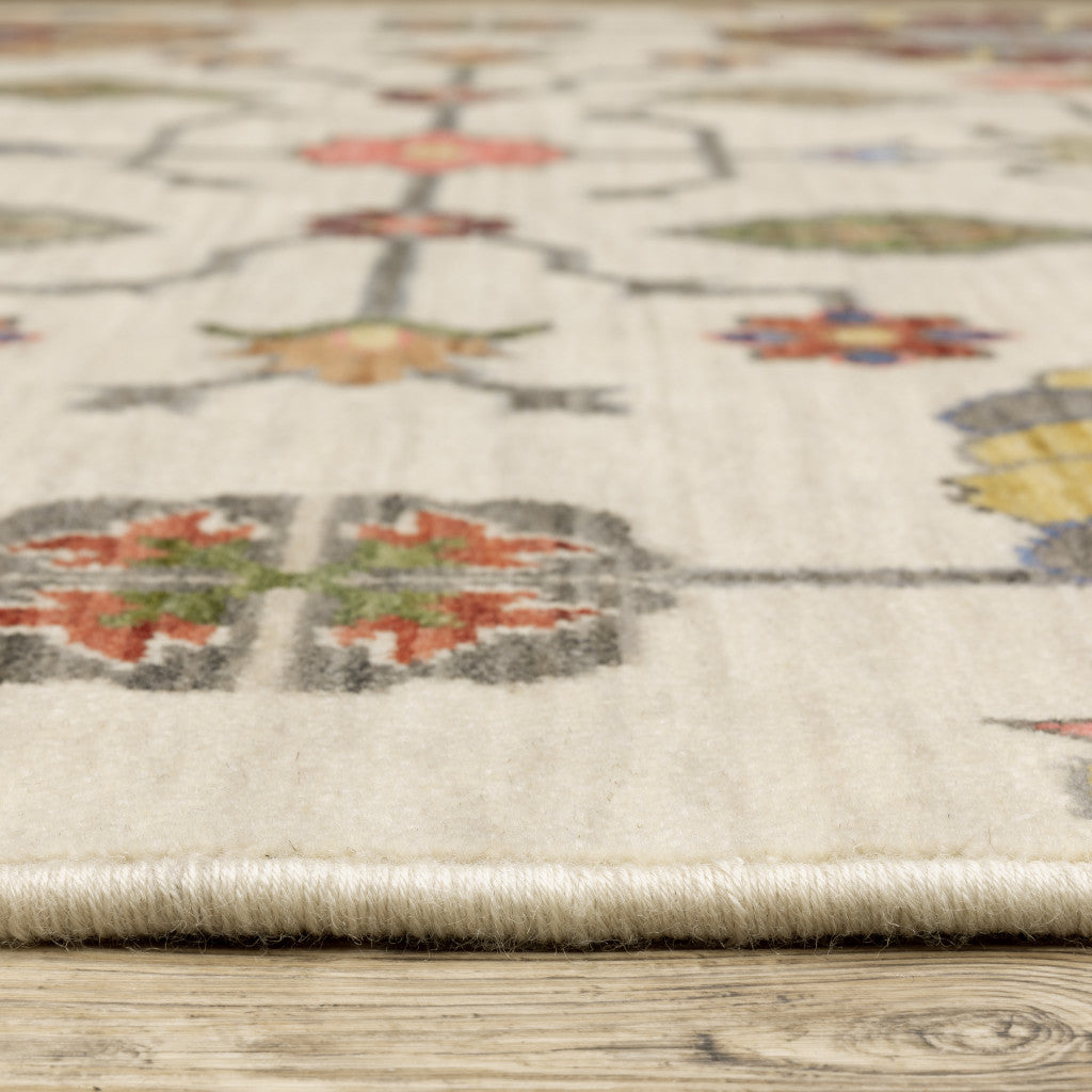 10' X 13' Ivory Yellow Rust Green Grey Pink Orange Blue And Grey Oriental Power Loom Stain Resistant Area Rug With Fringe -…