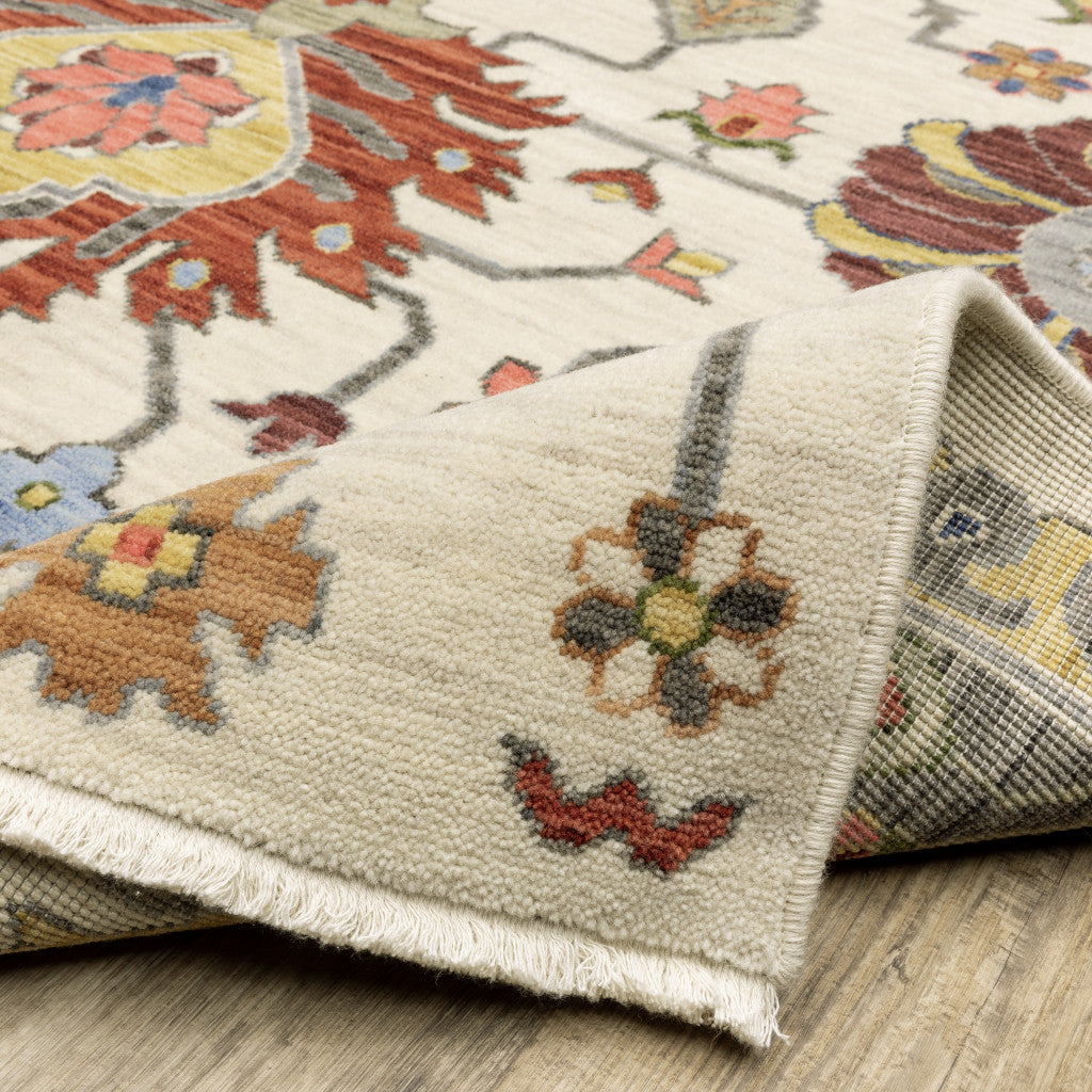 10' X 13' Ivory Yellow Rust Green Grey Pink Orange Blue And Grey Oriental Power Loom Stain Resistant Area Rug With Fringe -…