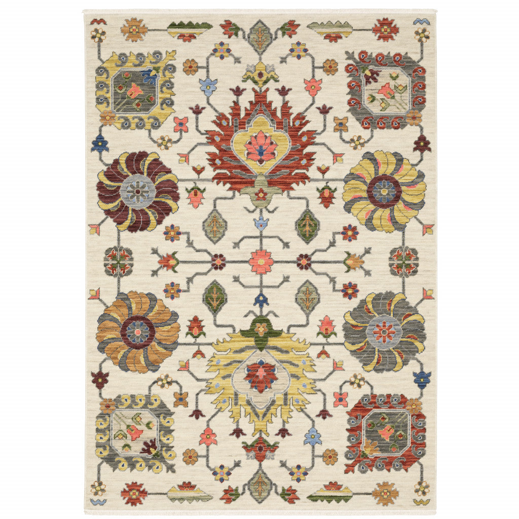 10' X 13' Ivory Yellow Rust Green Grey Pink Orange Blue And Grey Oriental Power Loom Stain Resistant Area Rug With Fringe -…
