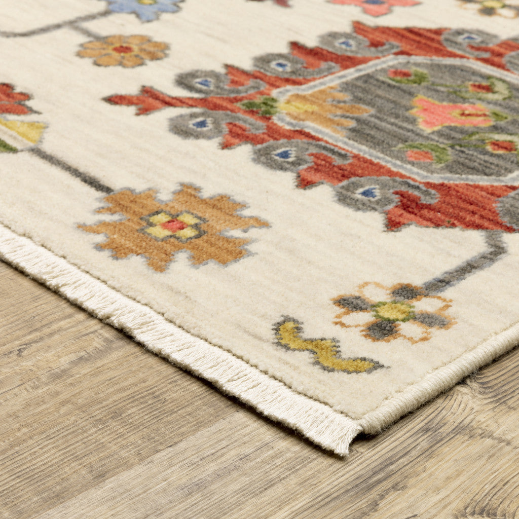 10' X 13' Ivory Yellow Rust Green Grey Pink Orange Blue And Grey Oriental Power Loom Stain Resistant Area Rug With Fringe -…