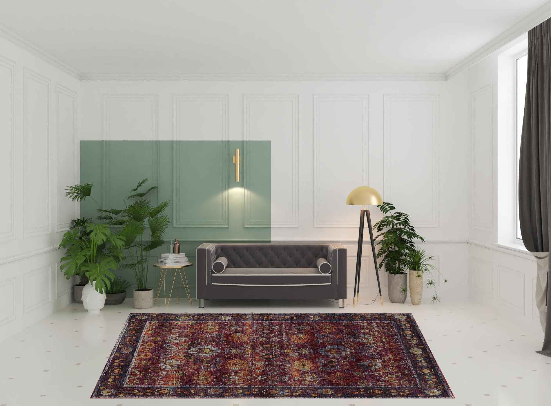 8' X 10' Red Purple Gold And Grey Oriental Power Loom Stain Resistant Area Rug