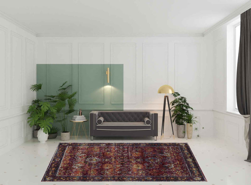 8' X 10' Red Purple Gold And Grey Oriental Power Loom Stain Resistant Area Rug