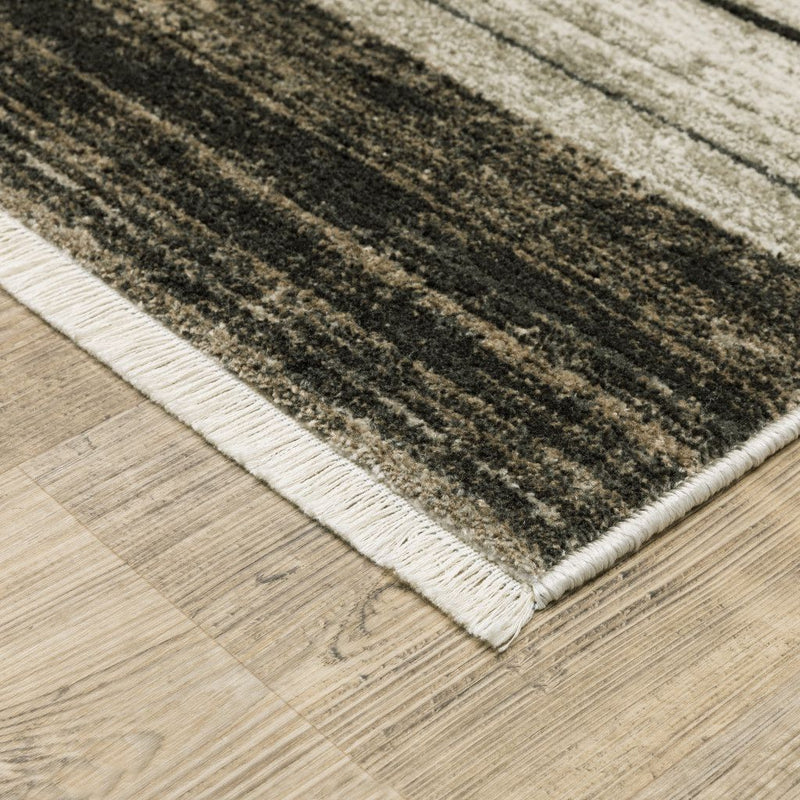 5' X 8' Beige Charcoal Brown Grey Tan Gold And Blue Geometric Power Loom Stain Resistant Area Rug With Fringe - Home & Garden