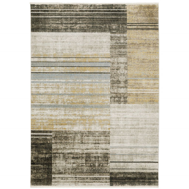 5' X 8' Beige Charcoal Brown Grey Tan Gold And Blue Geometric Power Loom Stain Resistant Area Rug With Fringe - Home & Garden