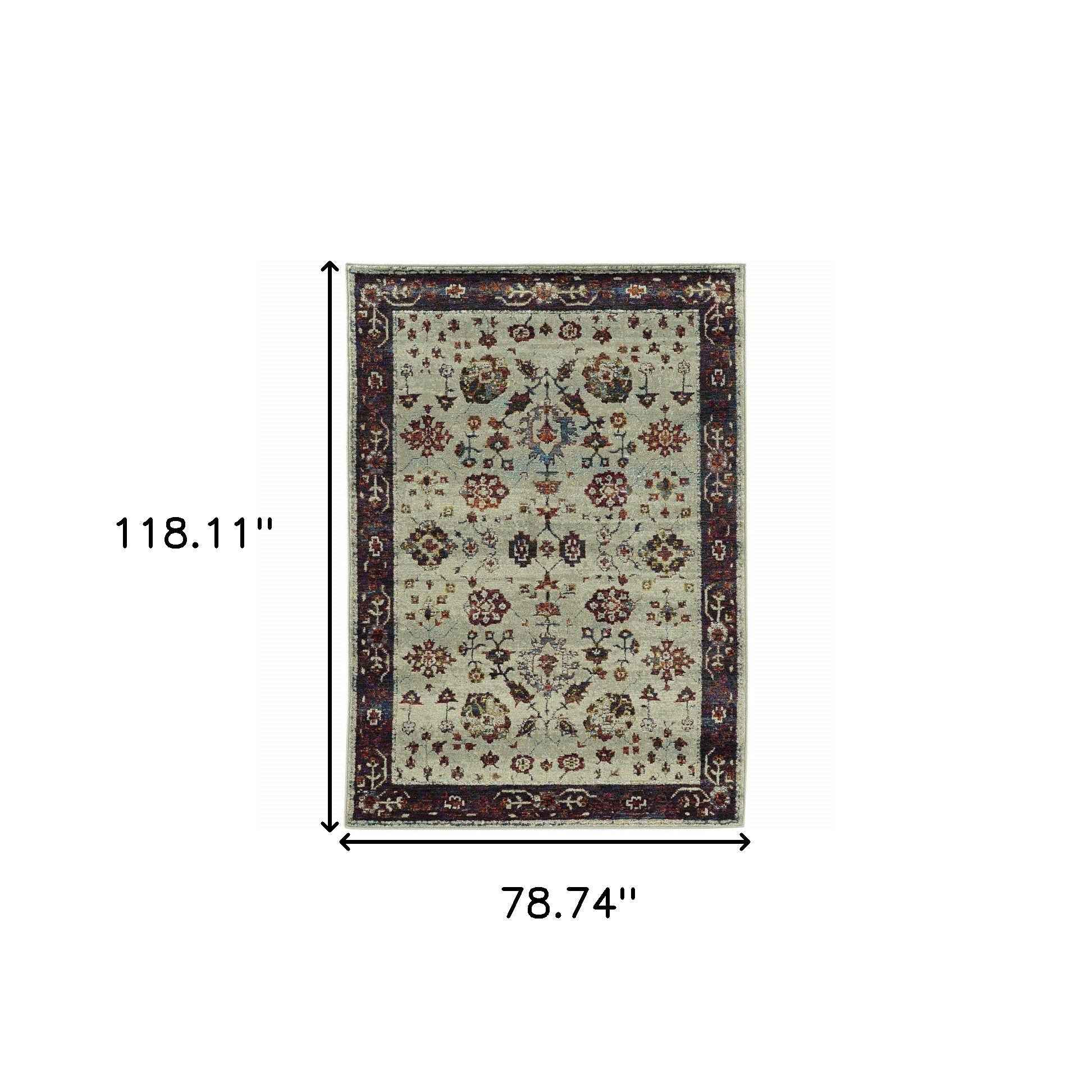 6' X 9' Stone And Red Oriental Power Loom Stain Resistant Area Rug