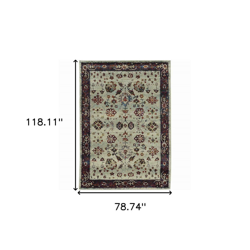 6' X 9' Stone And Red Oriental Power Loom Stain Resistant Area Rug