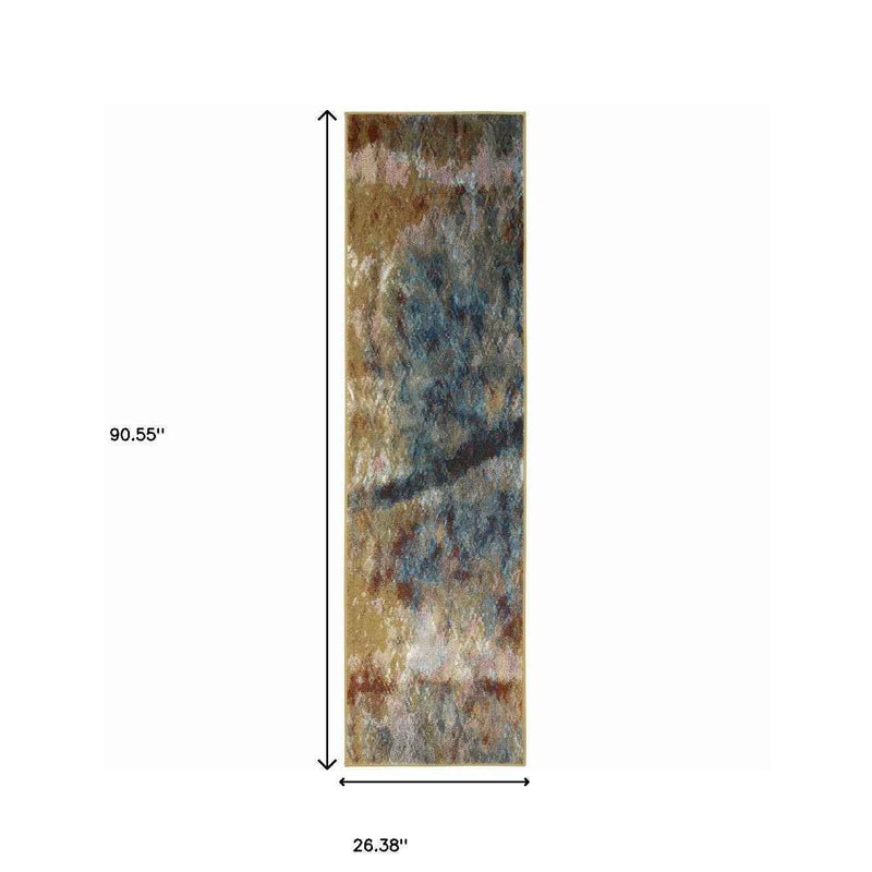 2' X 8' Blue Gold Teal Rust Grey And Beige Abstract Power Loom Stain Resistant Runner Rug