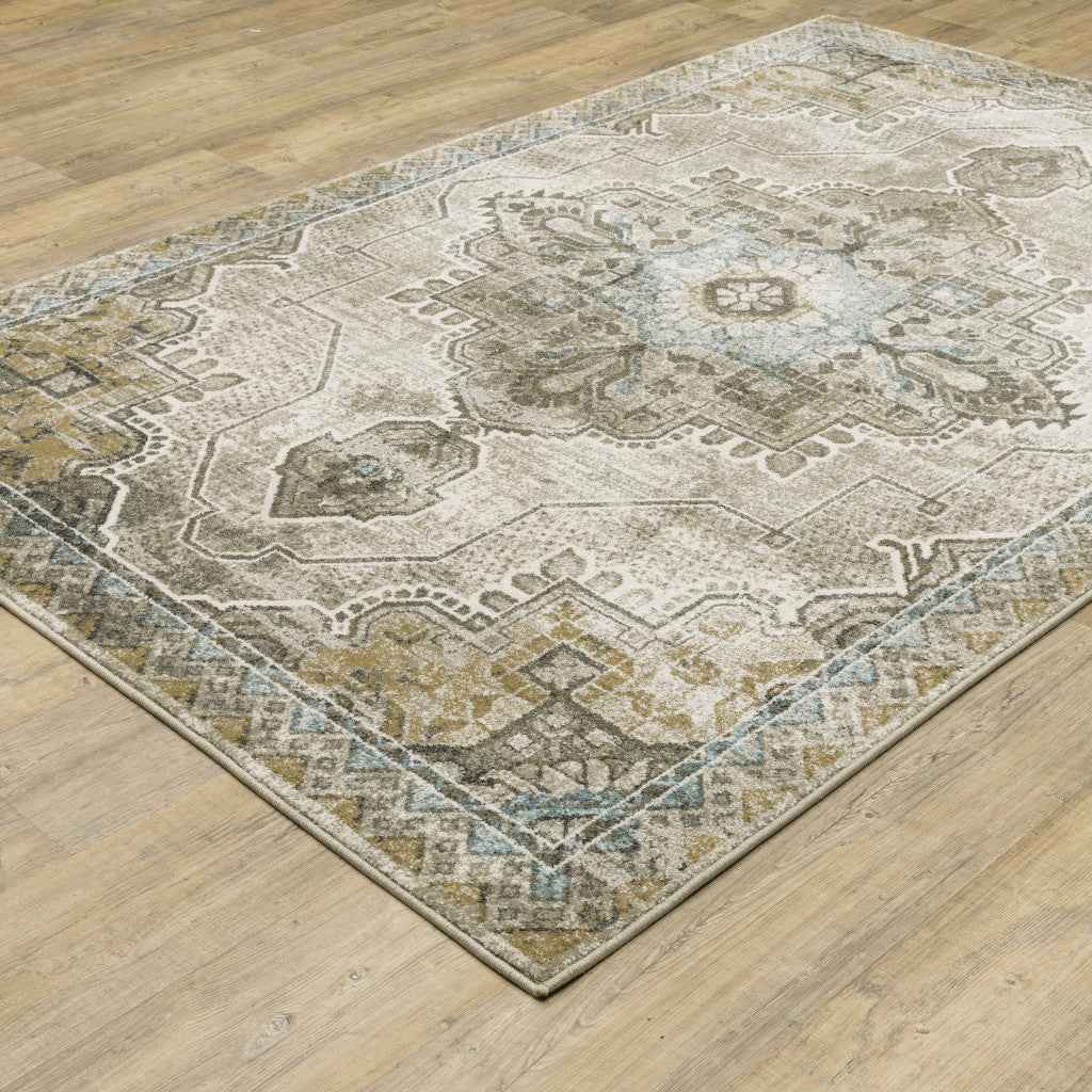 4' X 6' Grey Blue Beige And Gold Oriental Power Loom Stain Resistant Area Rug Default Title
