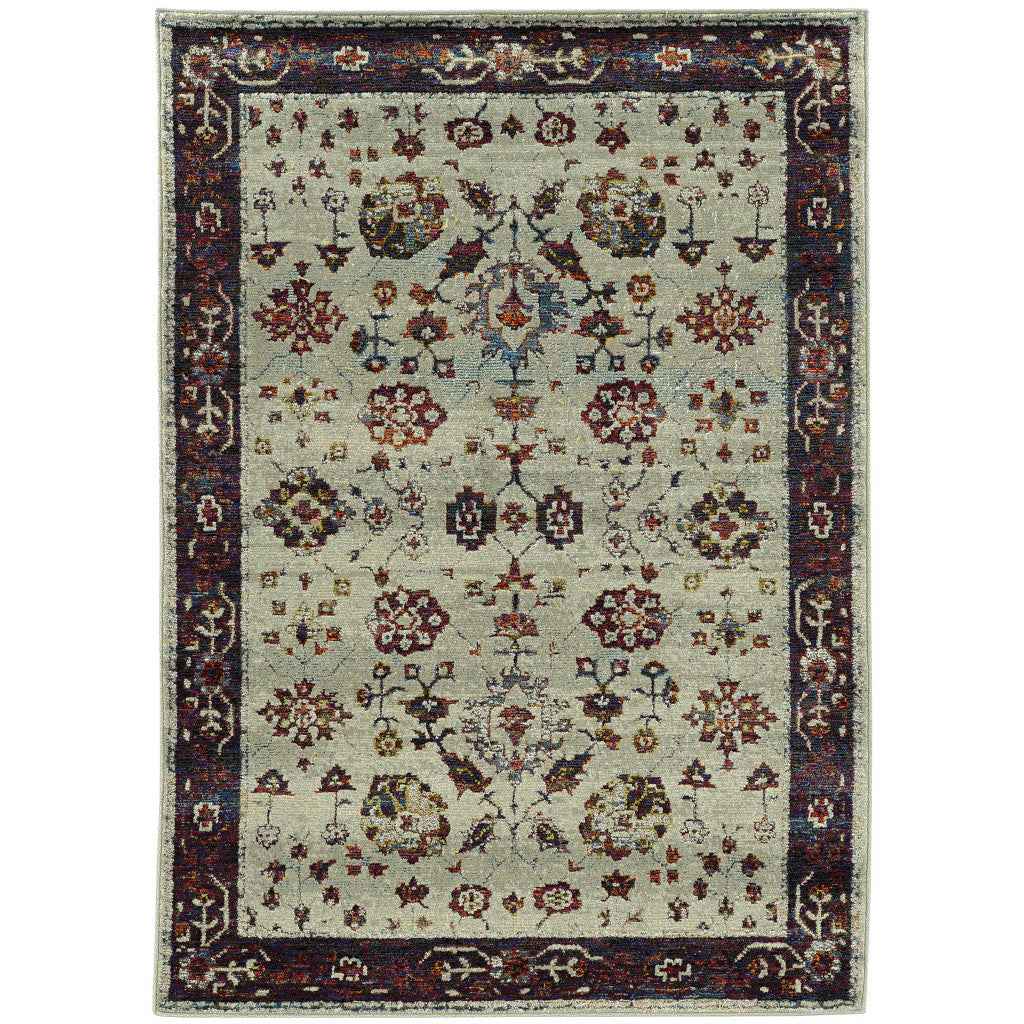 2' X 3' Stone And Red Oriental Power Loom Stain Resistant Area Rug