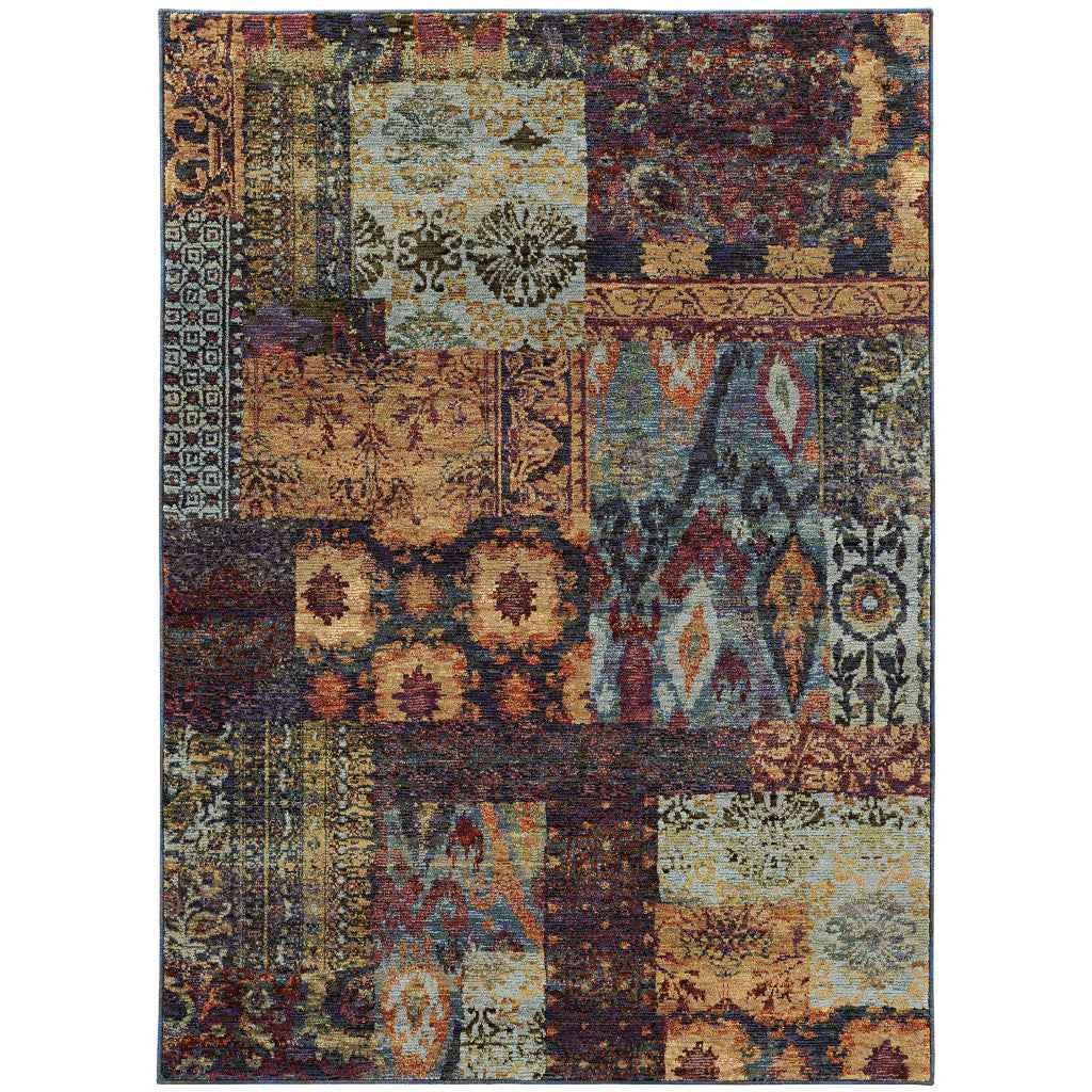 6' X 9' Gold Blue Purple Green And Red Abstract Power Loom Stain Resistant Area Rug